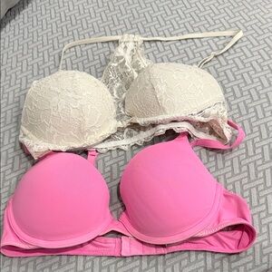 Victoria’s Secret Date Racerback lace bra cream/pink push up set of 2 size 36B